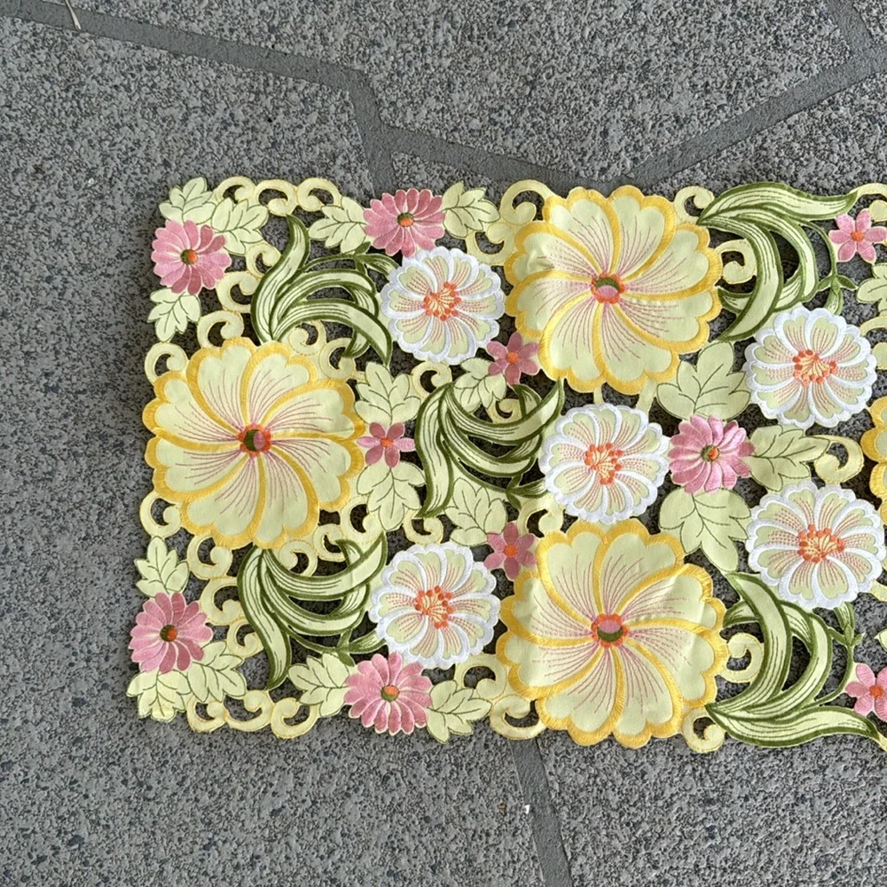 Vintage yellow pink floral embroidered cut out spring Easter table runner 43x15”